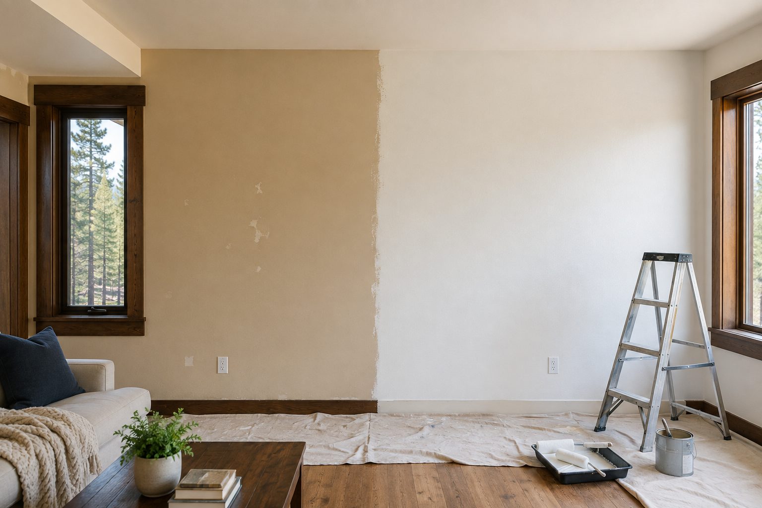 Interior wall half dated beige and half freshly painted warm white with a sharp vertical line
