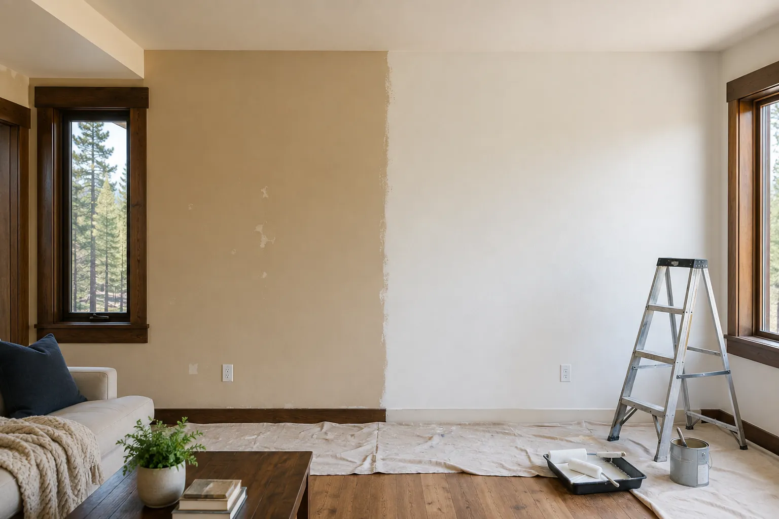Interior wall half dated beige and half freshly painted warm white with a sharp vertical line