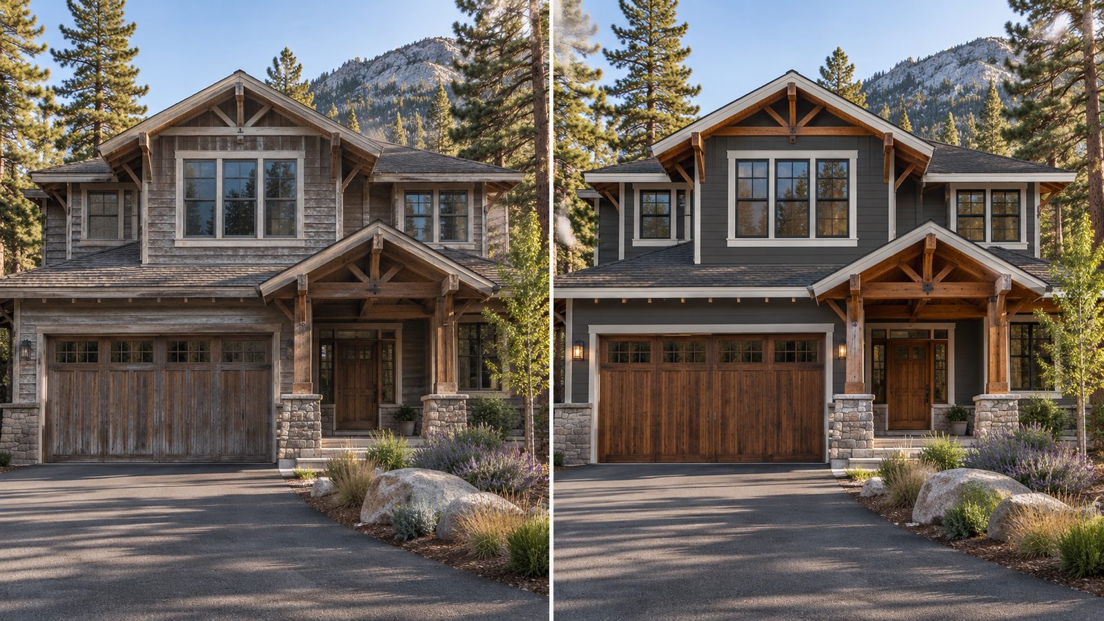Mountain home exterior weathered and faded next to the same house freshly painted charcoal with white trim