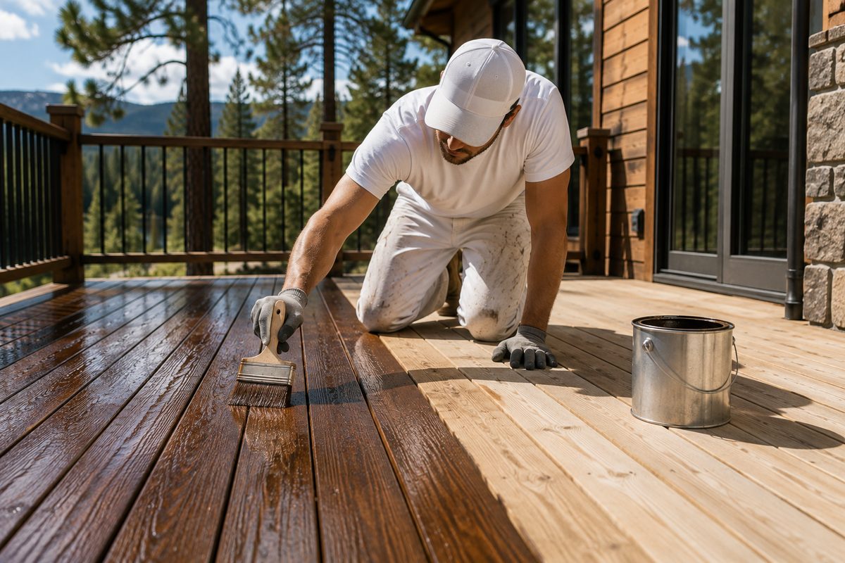 Painter applying rich warm stain to mountain-home deck boards with a wide brush