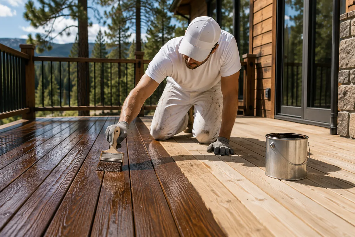 Painter applying rich warm stain to mountain-home deck boards with a wide brush