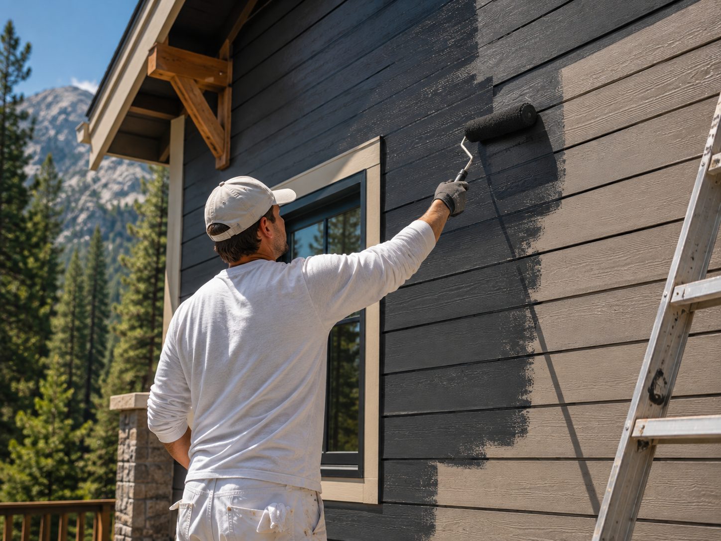 Painter rolling deep charcoal paint onto the wood siding of a mountain home
