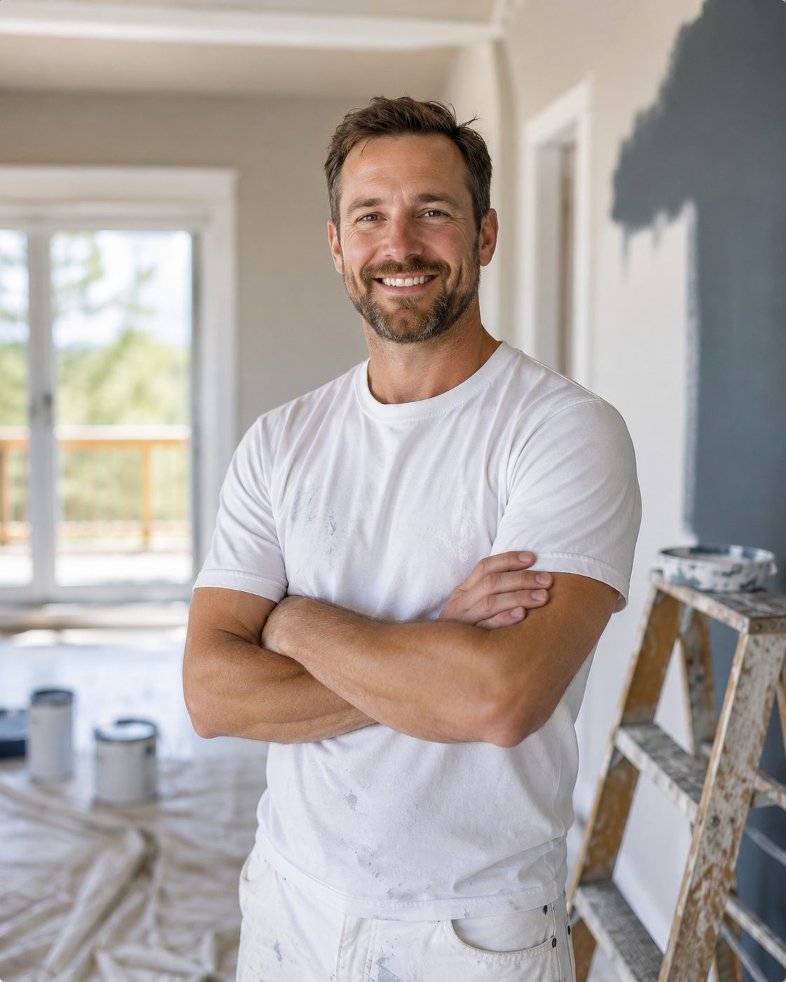 Owner of Ridgeline Painting standing in a bright, freshly painted mountain-home interior